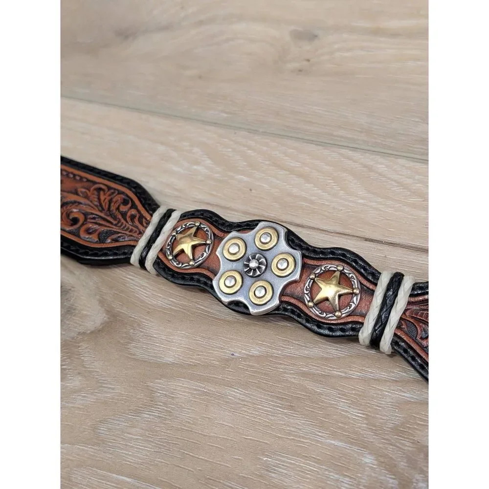 Silver Creek Tooled Leather Belt Western Sheriff Star Revolver Concho Sz 34